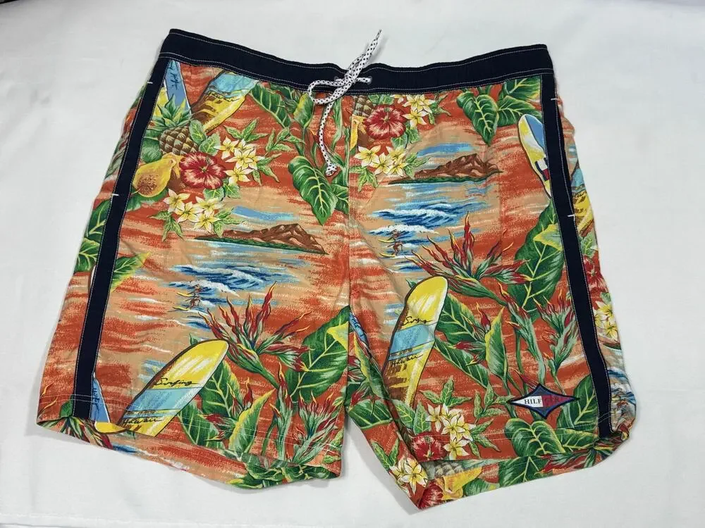 Tommy Hilfiger Board Shorts Size XL Orange Green Hawaiian Graphics